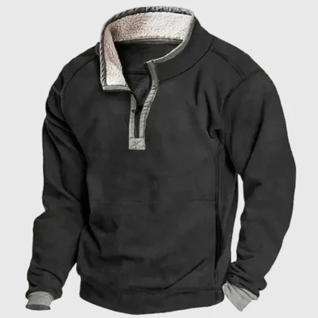 Pull homme demi-zip col cheminée avec coudières contrastées – coupe décontractée