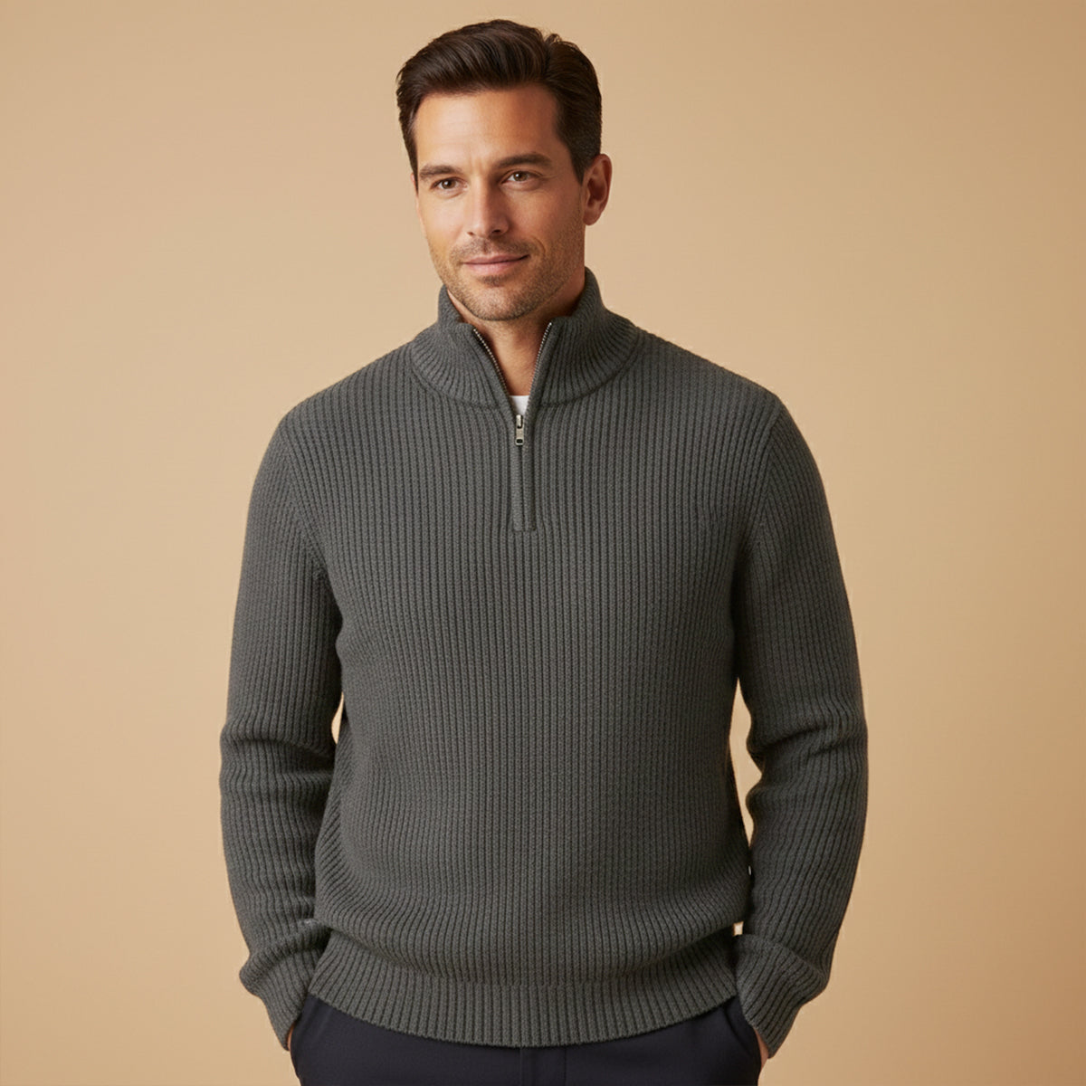 Pull homme à demi-zip à col montant rayé texture côtelée coupe décontractée