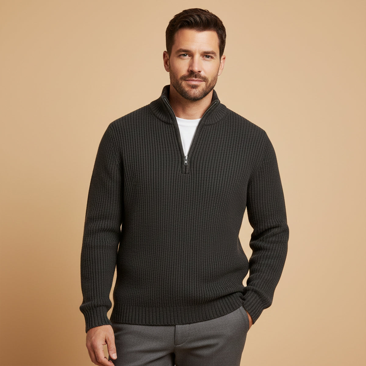 Pull homme à demi-zip à col montant rayé texture côtelée coupe décontractée