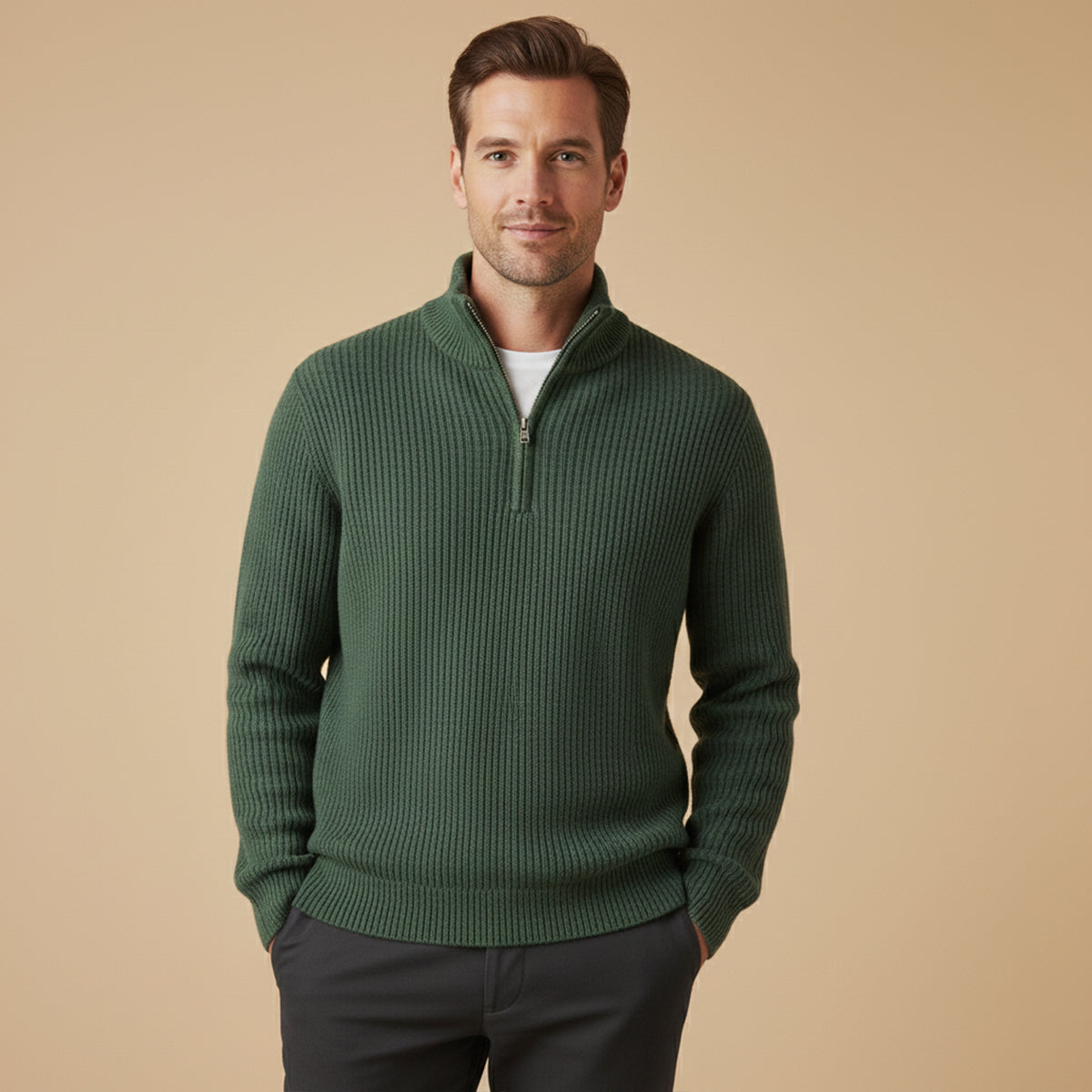 Pull homme à demi-zip à col montant rayé texture côtelée coupe décontractée