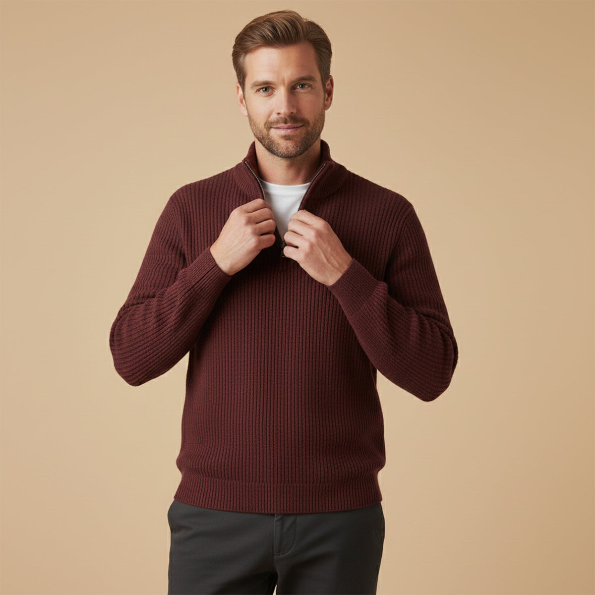 Pull homme à demi-zip à col montant rayé texture côtelée coupe décontractée
