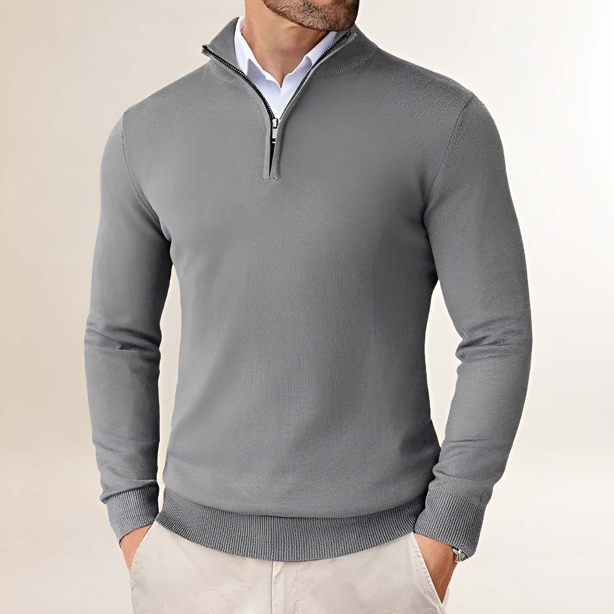 Pull homme à demi-zip à coupe classique et poignets côtelés
