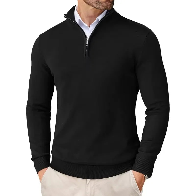 Pull homme à demi-zip, manches longues et poignets côtelés