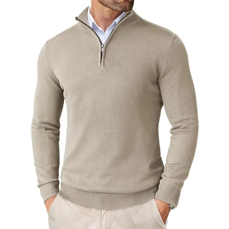 Pull homme à demi-zip, manches longues et poignets côtelés