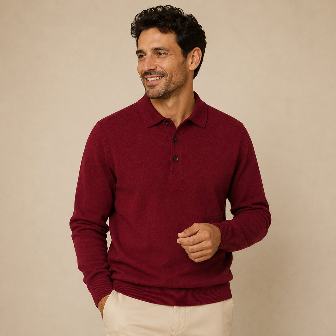Pull homme polo à col classique, manches longues, coupe ajustée