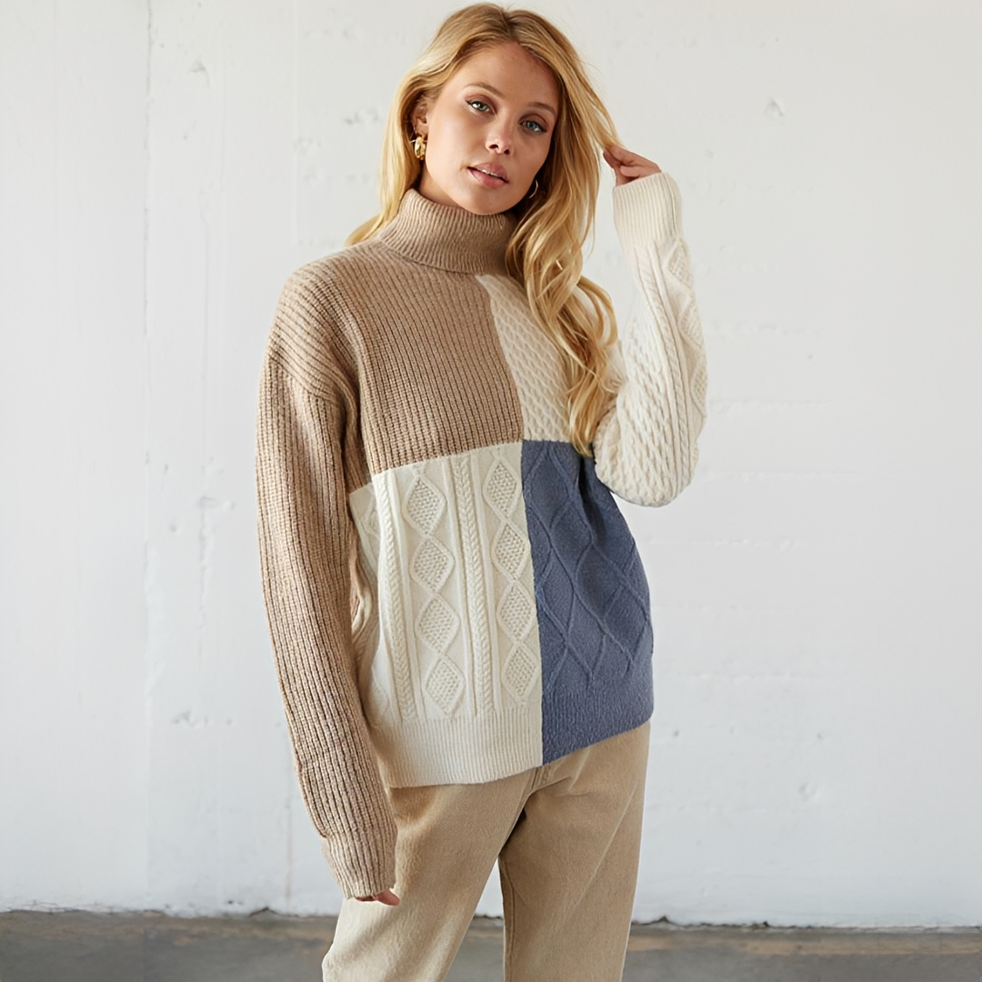 Pull-over femme à col roulé replié et blocs de couleur – coupe décontractée, manches longues