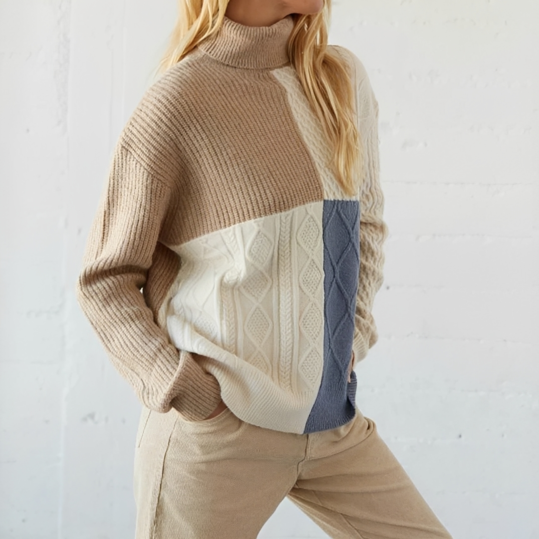 Pull-over femme à col roulé replié et blocs de couleur – coupe décontractée, manches longues