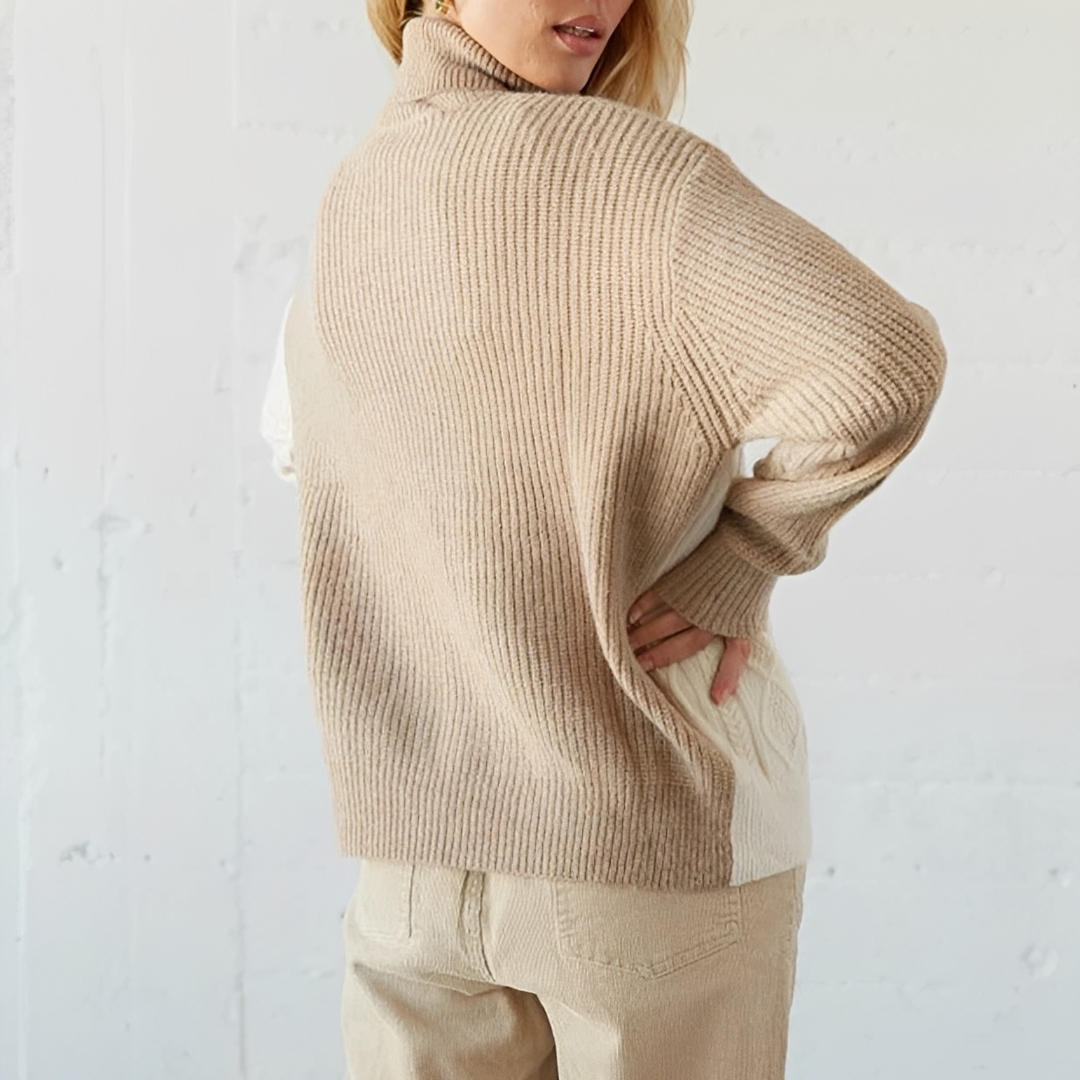 Pull-over femme à col roulé replié et blocs de couleur – coupe décontractée, manches longues