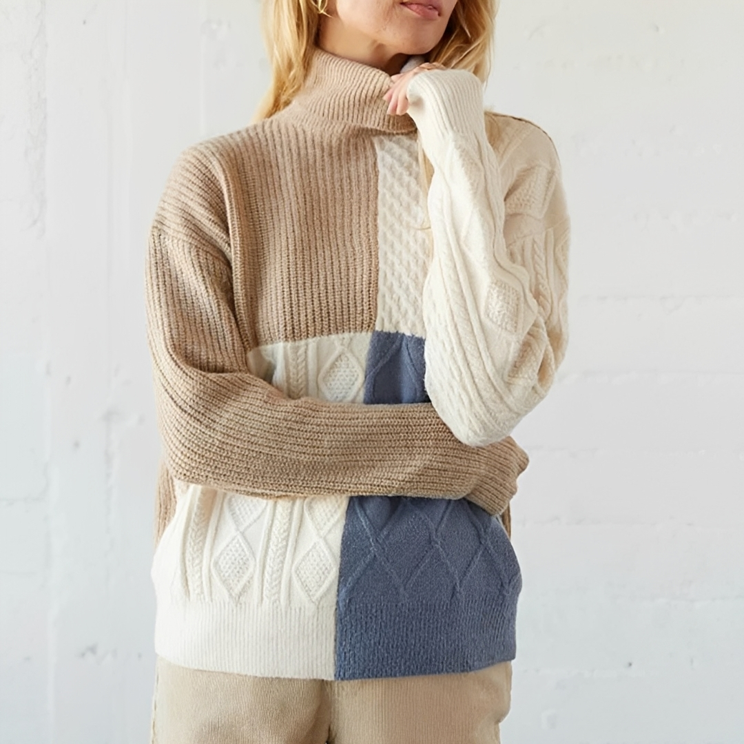 Pull-over femme à col roulé replié et blocs de couleur – coupe décontractée, manches longues