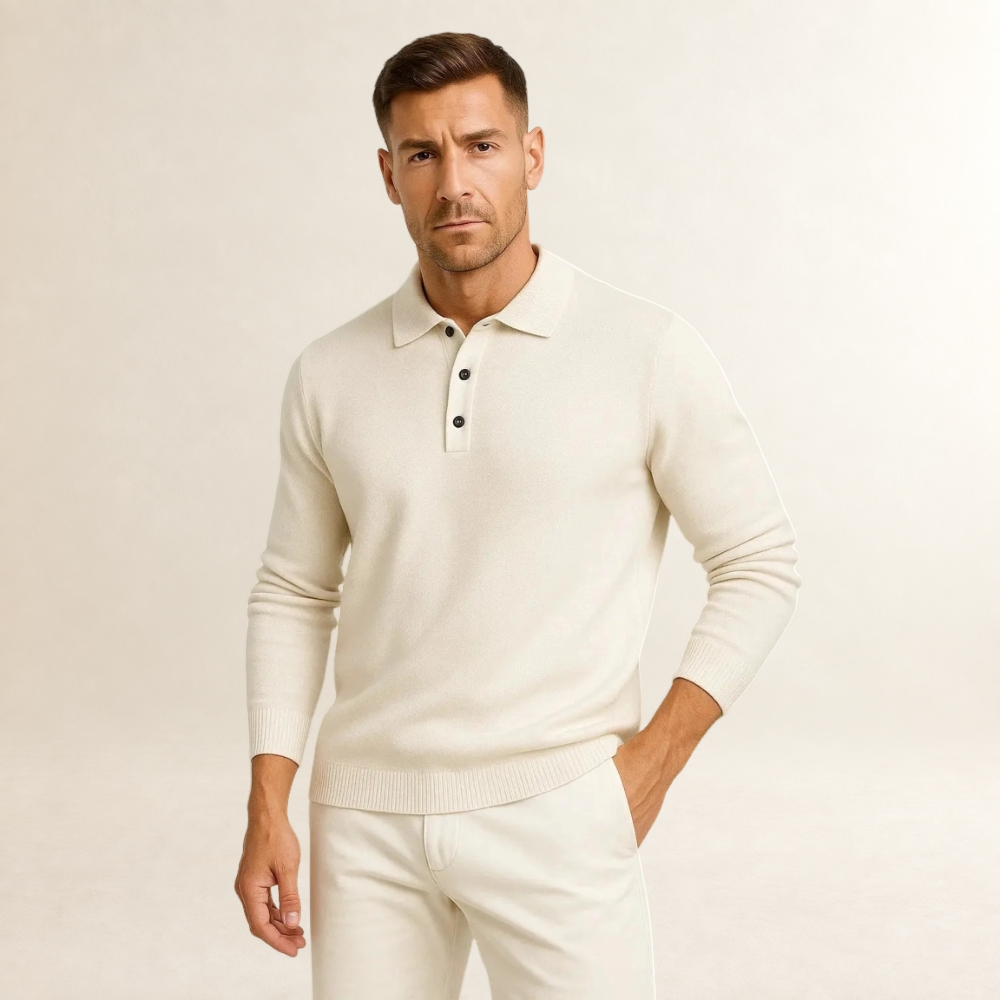 Pull polo homme à manches longues, col structuré avec boutons, coupe classique