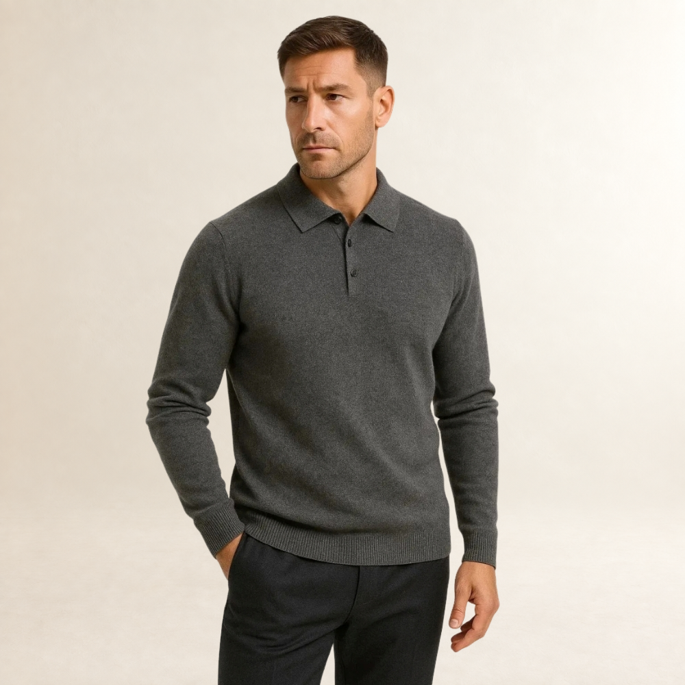 Pull polo homme à manches longues, col structuré avec boutons, coupe classique
