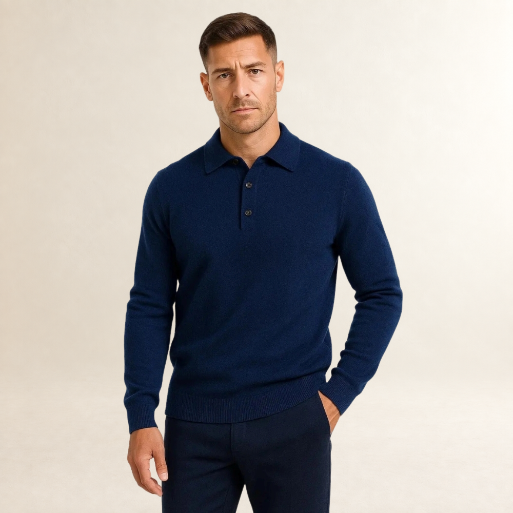 Pull polo homme à manches longues, col structuré avec boutons, coupe classique