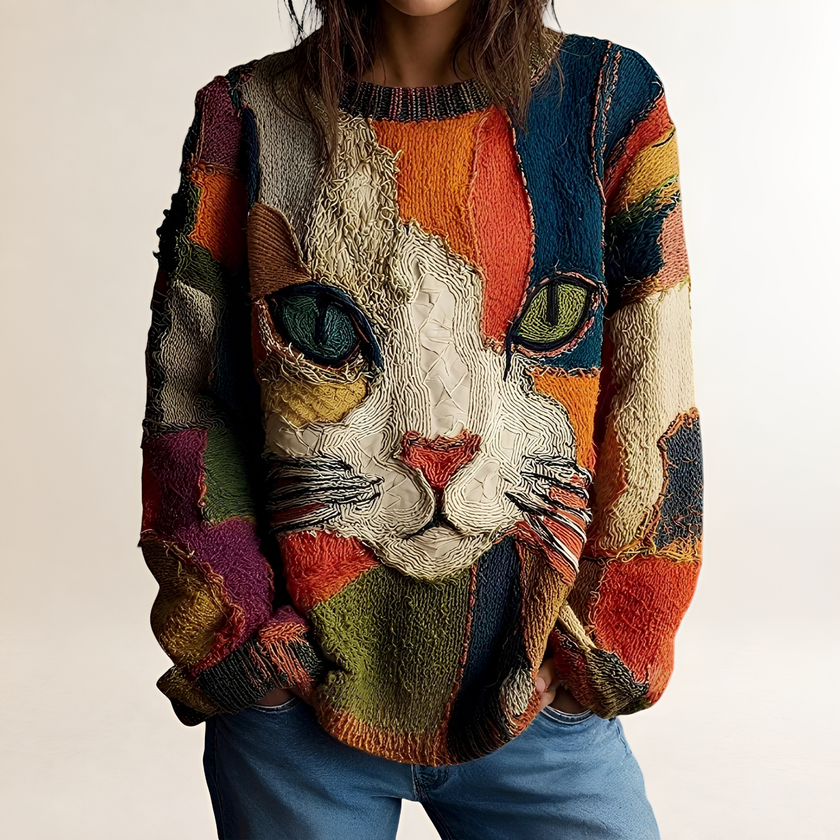 Pull pour femmes motif chat artistique coupe décontractée et motif coloré