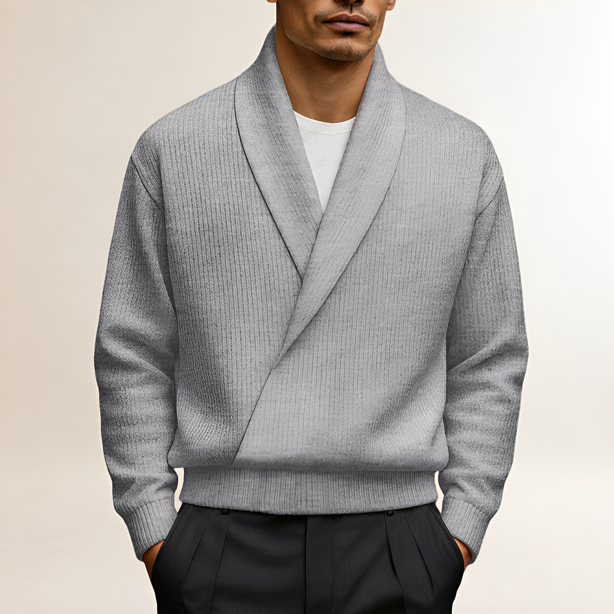 Pull pour homme - Col châle croisé avec manches longues et coupe asymétrique