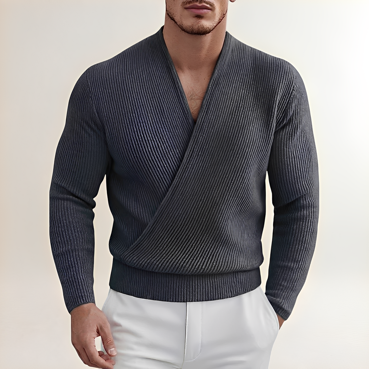 Pull pour homme - Col croisé côtelé à manches longues
