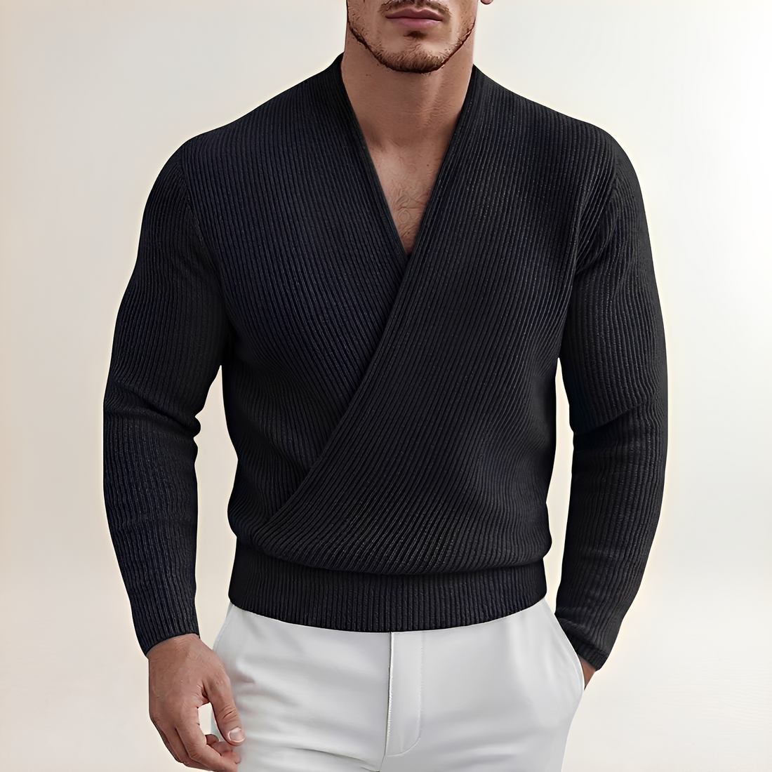 Pull pour homme - Col croisé côtelé à manches longues