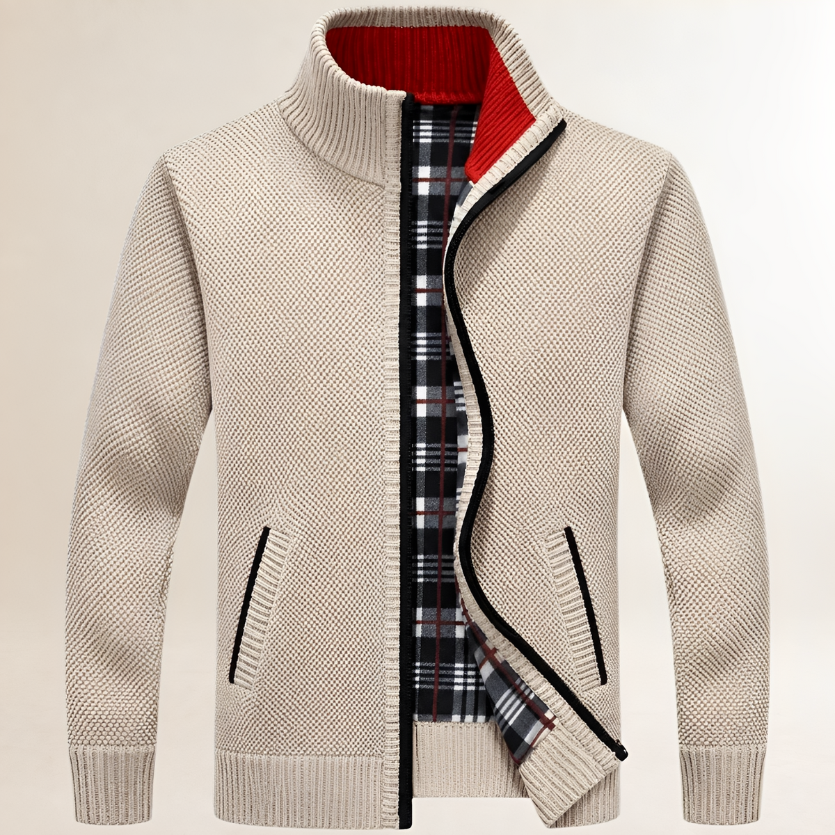 Pull zippé pour homme à col montant et doublure tartan, poches latérales, coupe décontractée