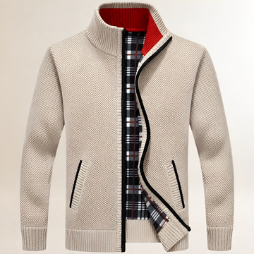 Pull zippé pour homme à col montant et doublure tartan, poches latérales, coupe décontractée