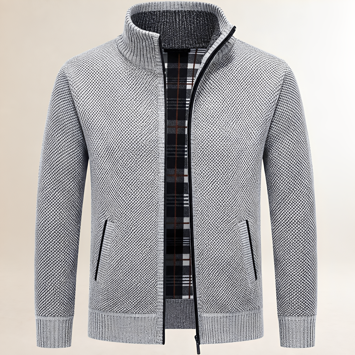 Pull zippé pour homme à col montant et doublure tartan, poches latérales, coupe décontractée