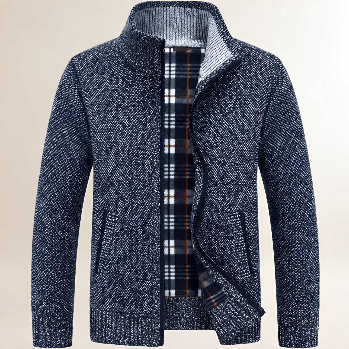 Pull zippé pour homme à col montant et doublure tartan, poches latérales, coupe décontractée