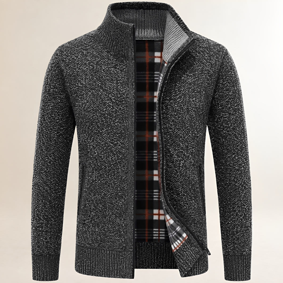 Pull zippé pour homme à col montant et doublure tartan, poches latérales, coupe décontractée