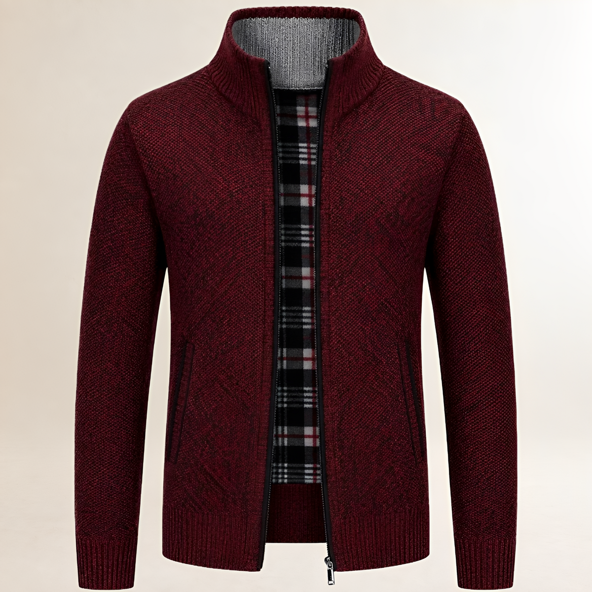 Pull zippé pour homme à col montant et doublure tartan, poches latérales, coupe décontractée