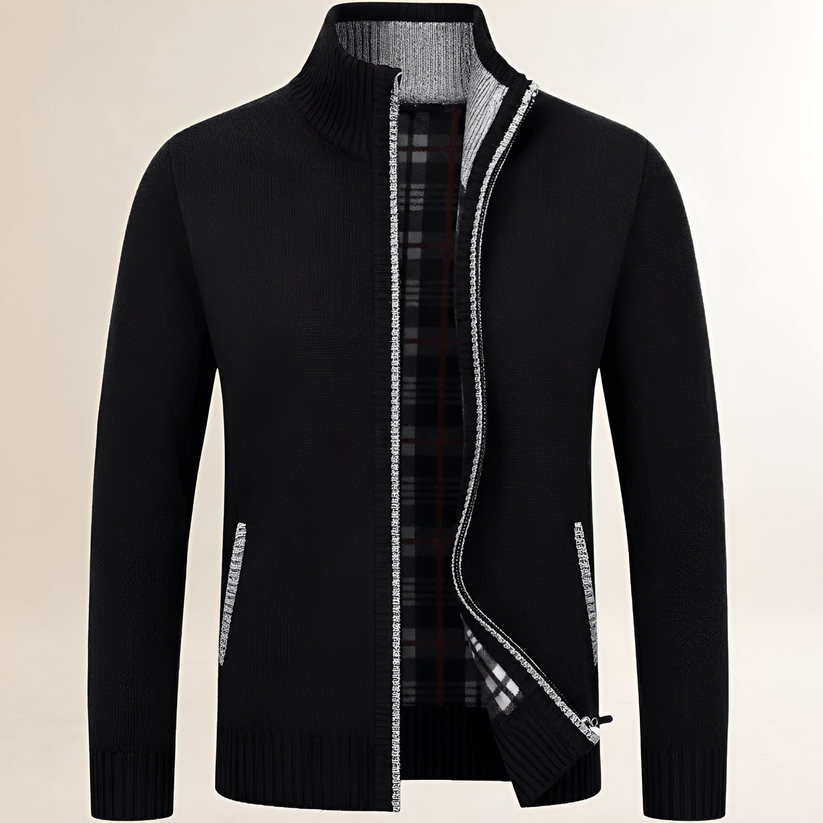 Pull zippé pour homme à col montant et doublure tartan, poches latérales, coupe décontractée