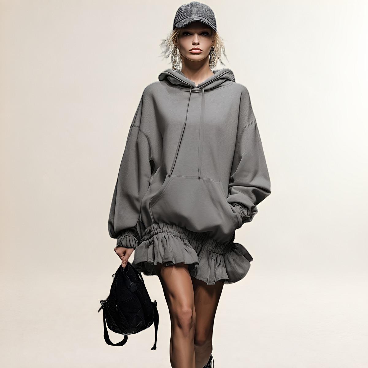 Robe courte à capuche pour femmes à ourlet froncé coupe oversize