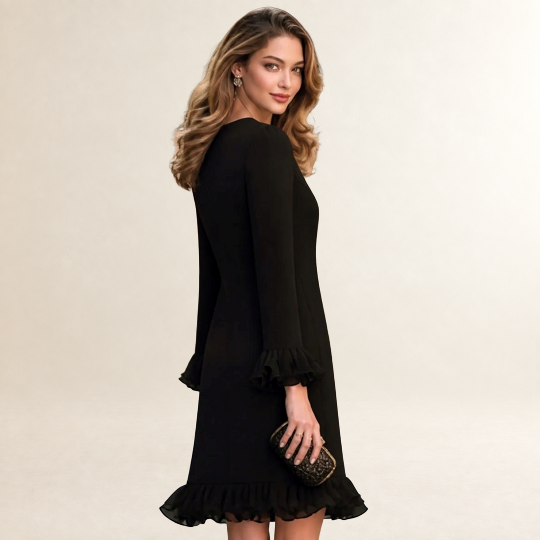 Robe courte à manches longues pour femmes col V avec ourlet à volants et poignets à volants
