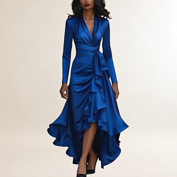 Robe de soirée femme longue drapée avec ourlet à volants et ceinture à nouer