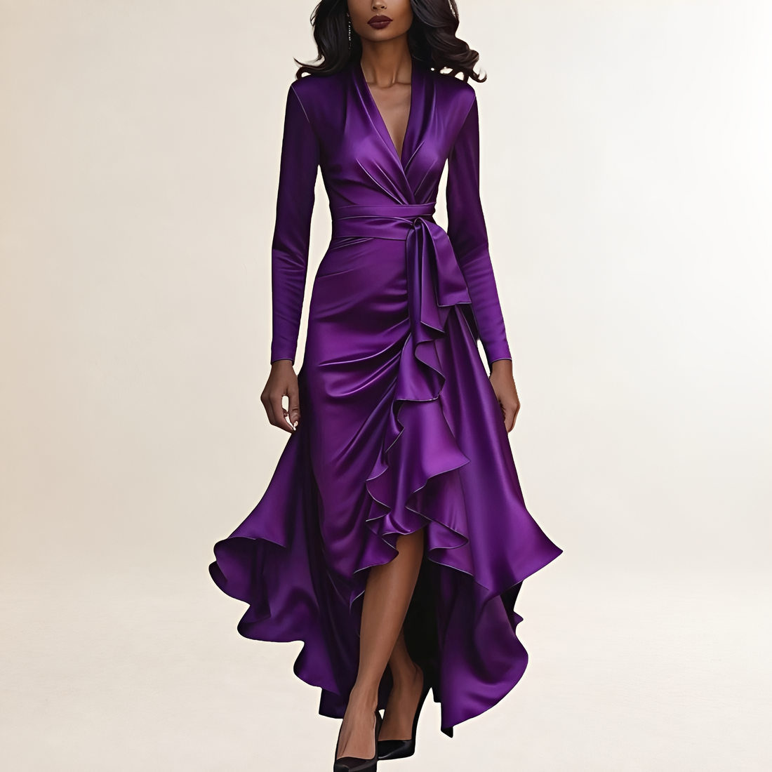 Robe de soirée femme longue drapée avec ourlet à volants et ceinture à nouer