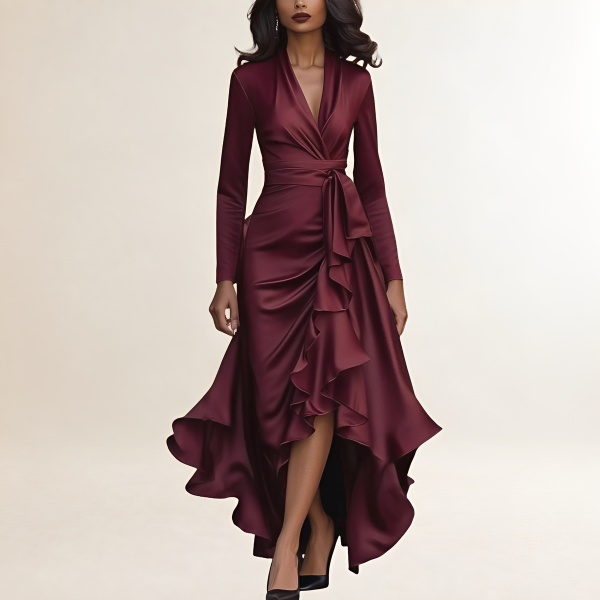 Robe de soirée femme longue drapée avec ourlet à volants et ceinture à nouer
