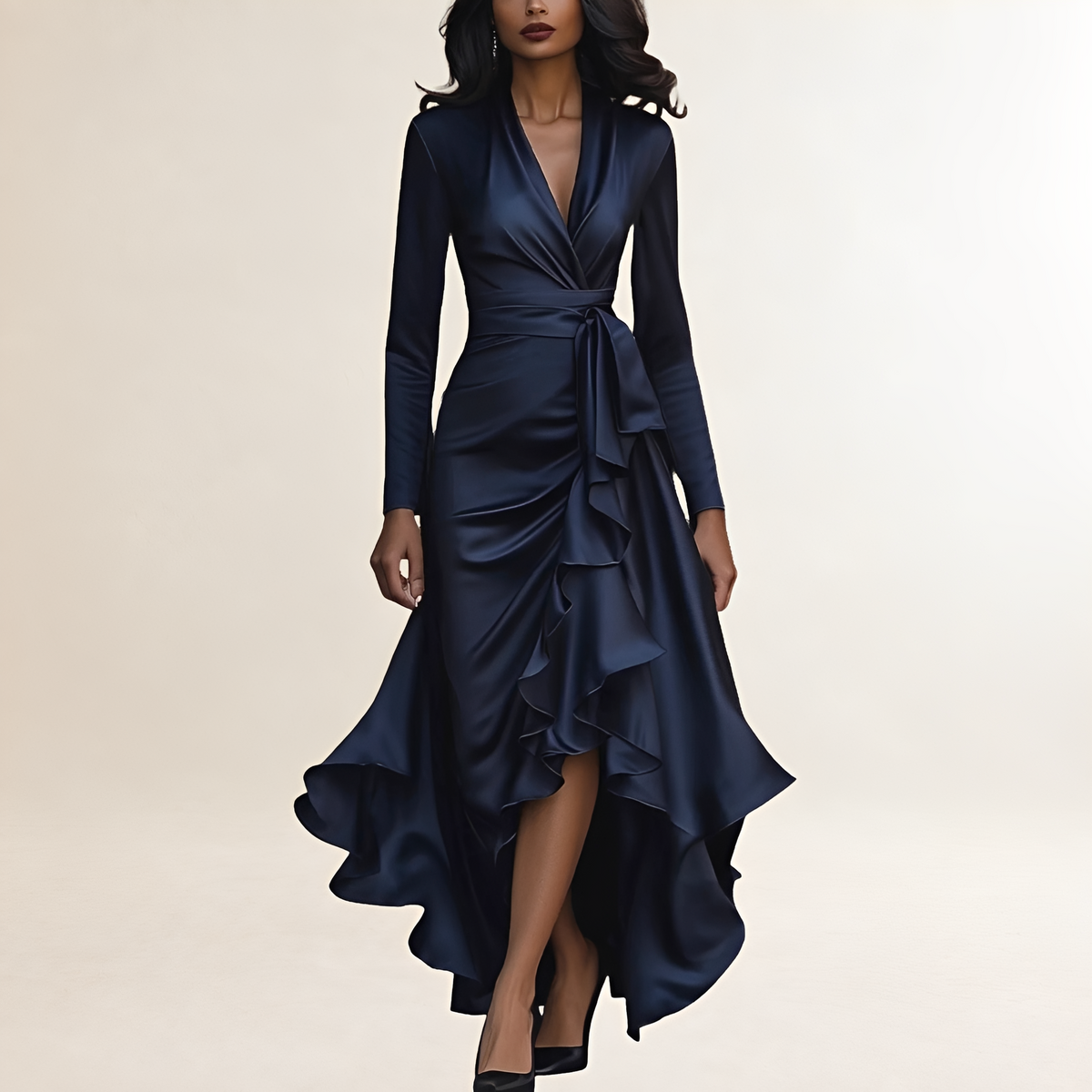 Robe de soirée femme longue drapée avec ourlet à volants et ceinture à nouer