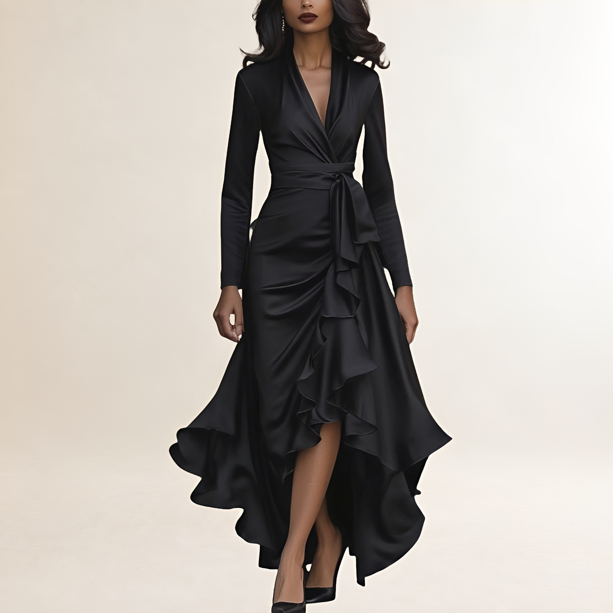 Robe de soirée femme longue drapée avec ourlet à volants et ceinture à nouer