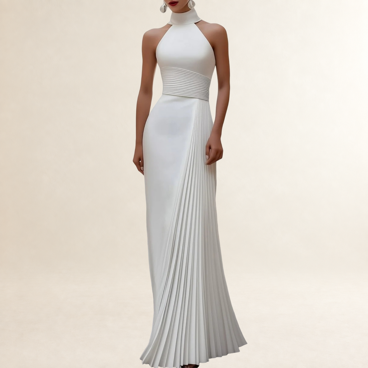 Robe de soirée femme robe longue plissée col halter silhouette ajustée