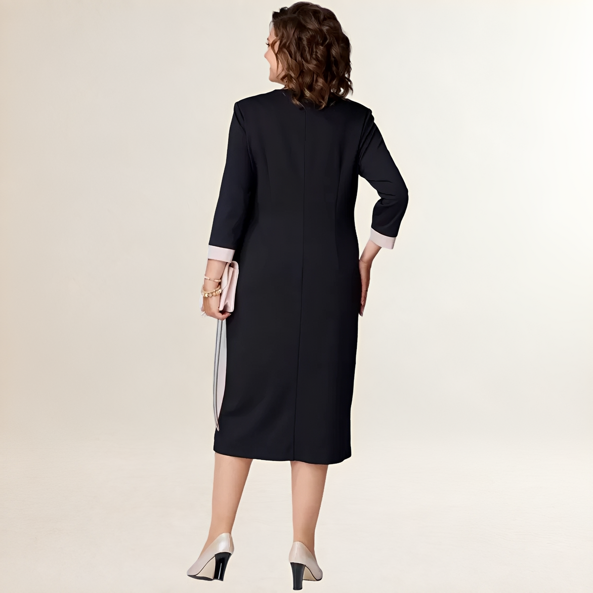 Robe femme en V - Midi à panneaux contrastés et manches 3/4