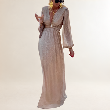 Robe femme maxi scintillante à encolure en V - manches longues évasées en cloche, taille empire