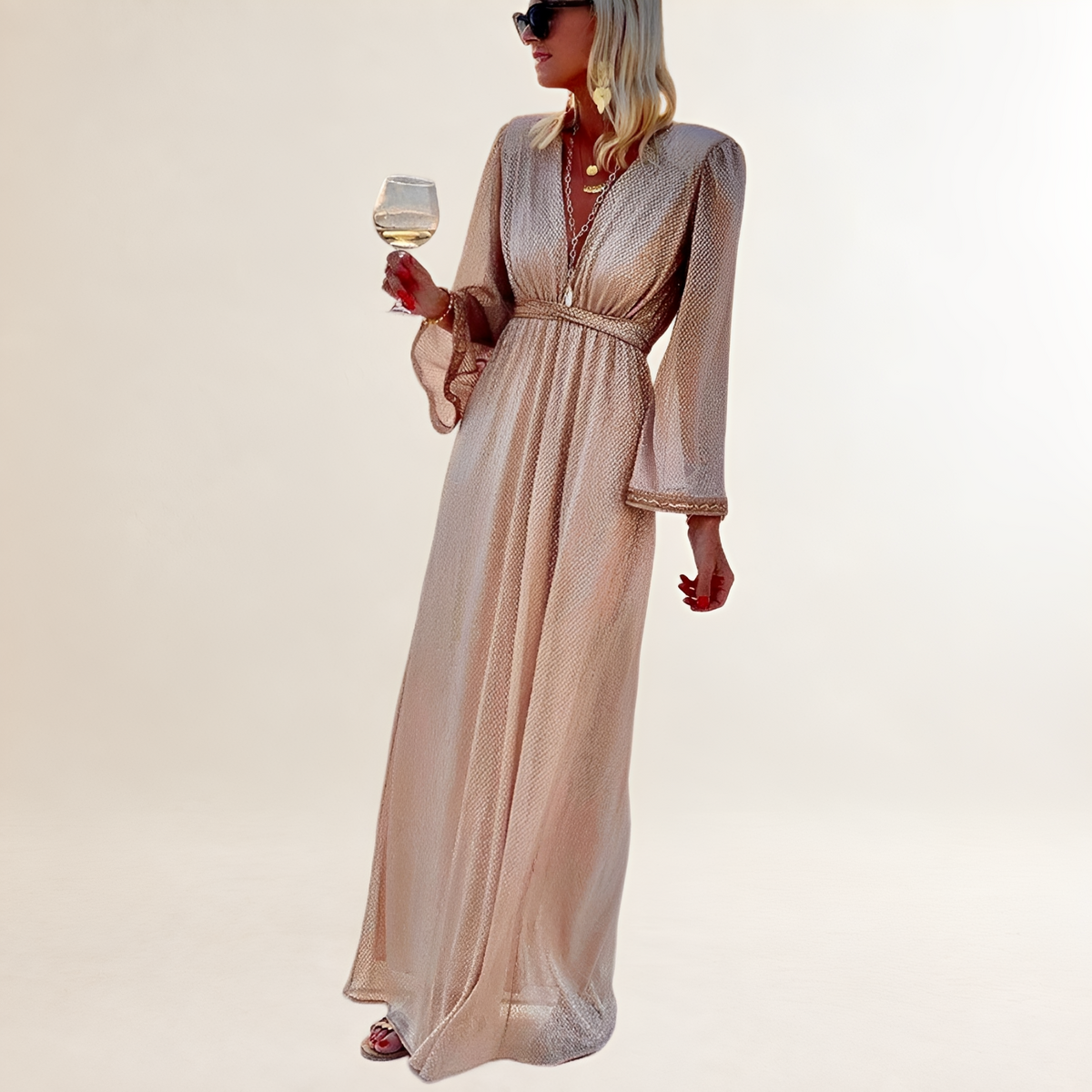 Robe femme maxi scintillante à encolure en V - manches longues évasées en cloche, taille empire