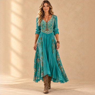 Robe femme midi à col en V, manches longues, imprimé bohème patchwork floral, coupe décontractée