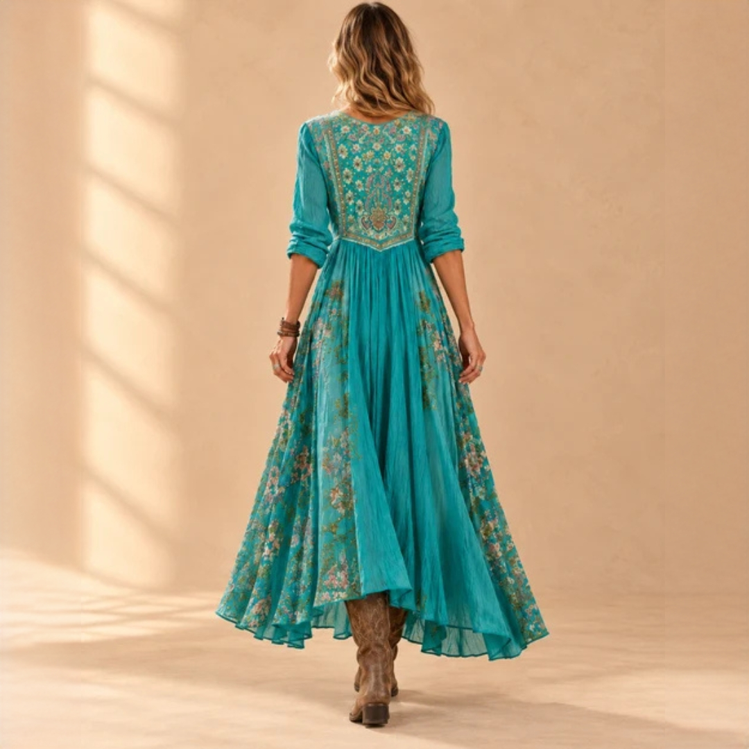 Robe femme midi à col en V, manches longues, imprimé bohème patchwork floral, coupe décontractée