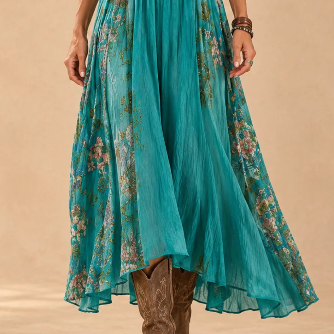 Robe femme midi à col en V, manches longues, imprimé bohème patchwork floral, coupe décontractée