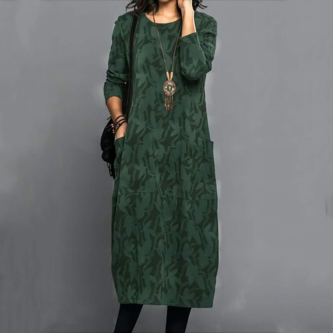 Robe femme midi droite à col rond et poches, motif feuillage discret