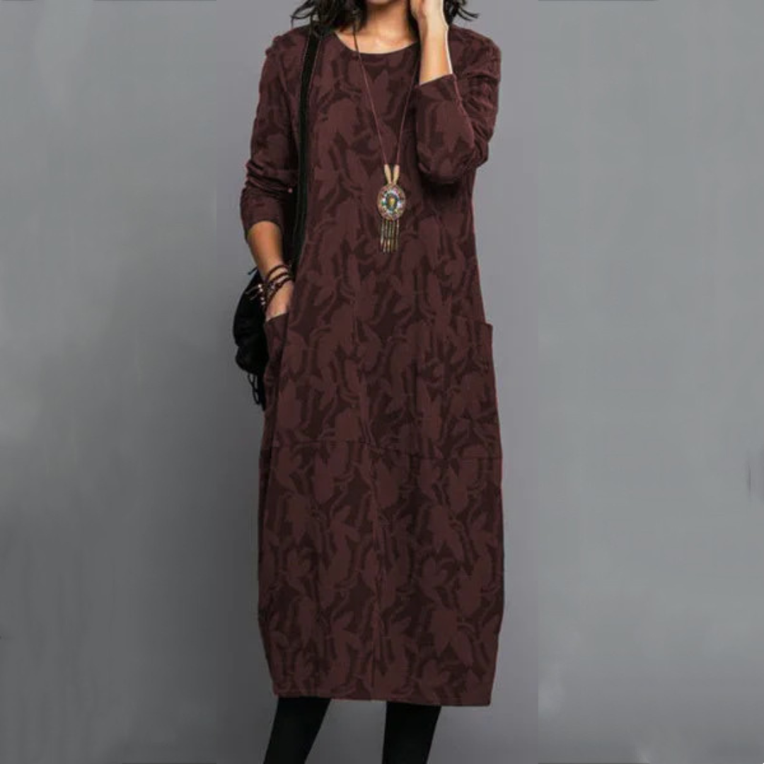 Robe femme midi droite à col rond et poches, motif feuillage discret