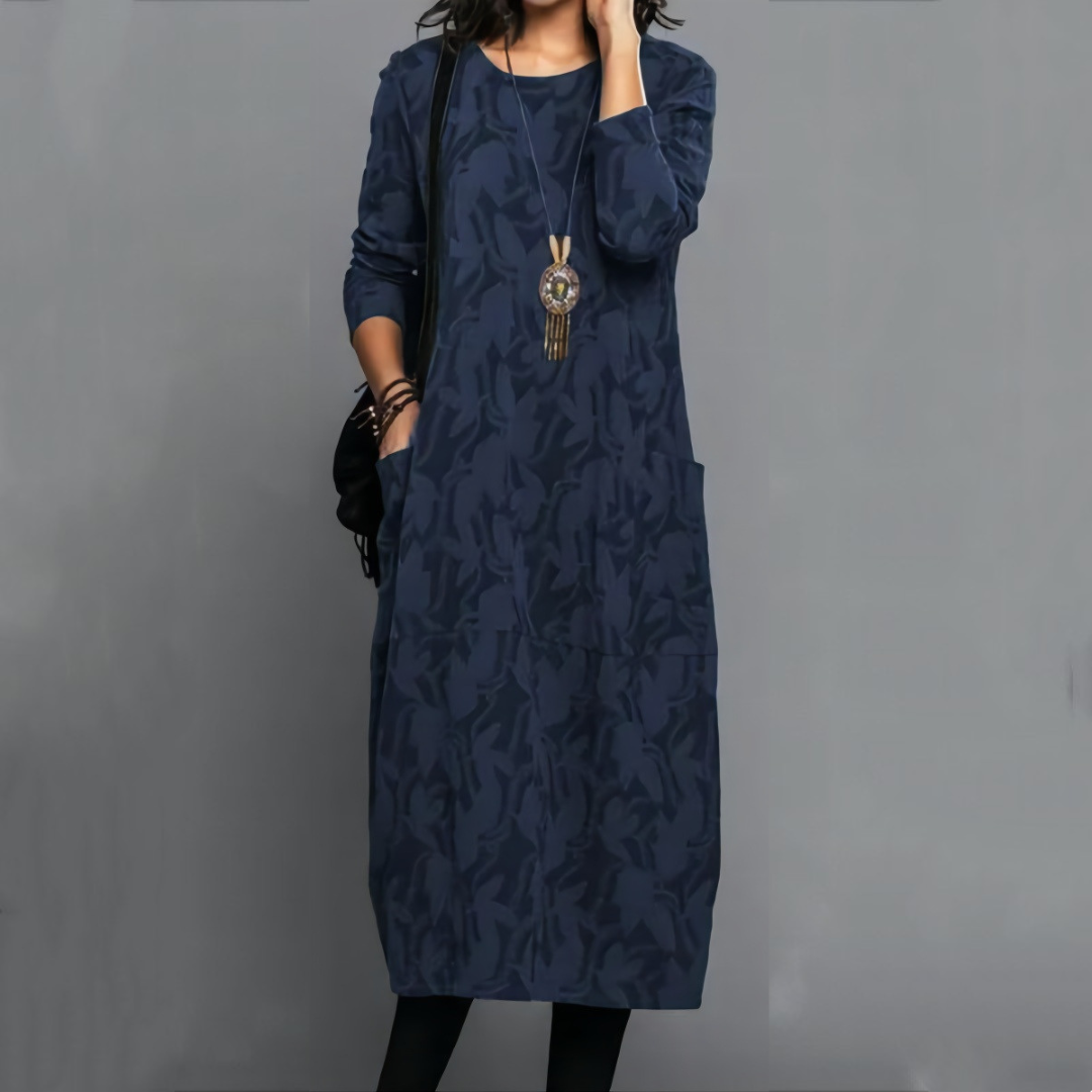 Robe femme midi droite à col rond et poches, motif feuillage discret