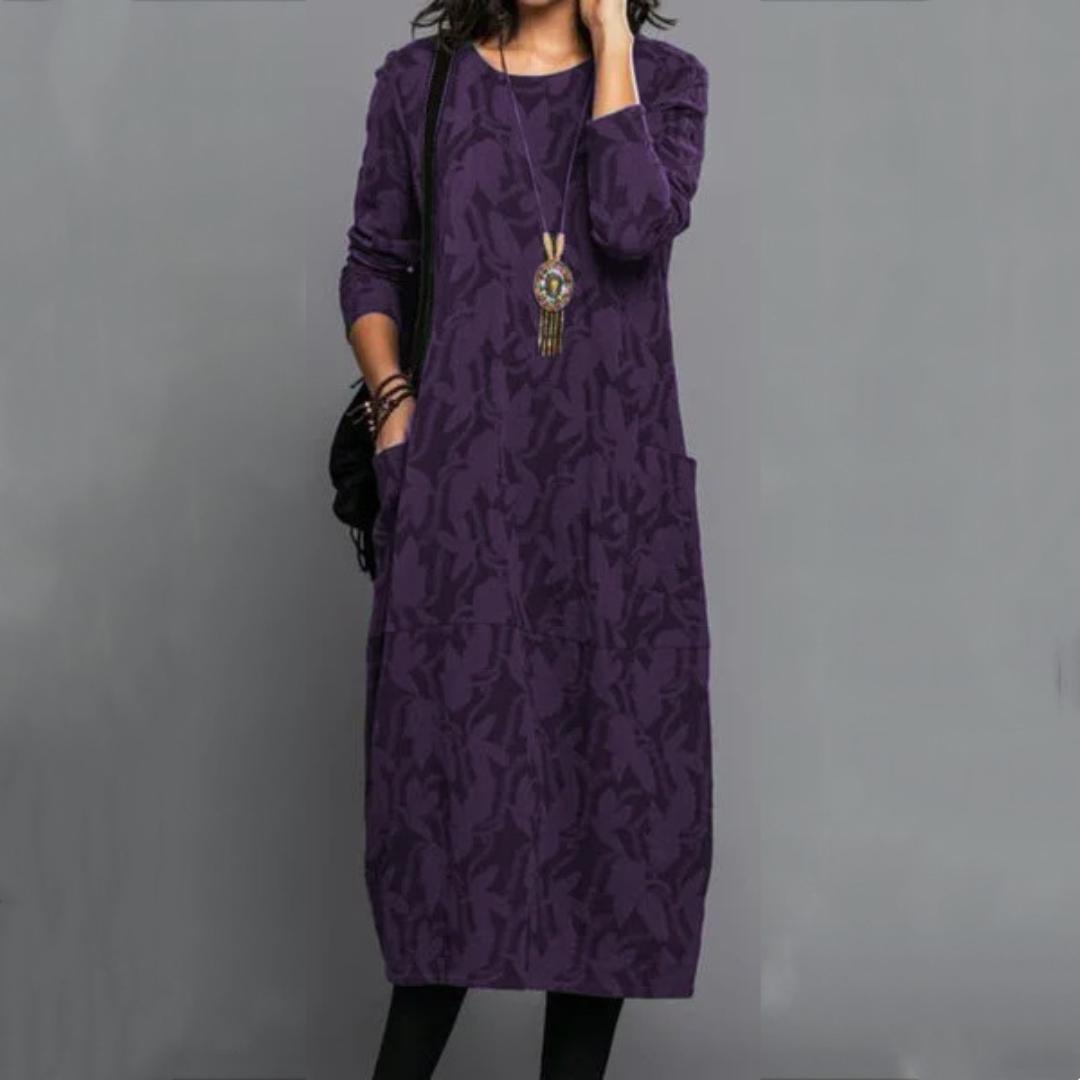 Robe femme midi droite à col rond et poches, motif feuillage discret