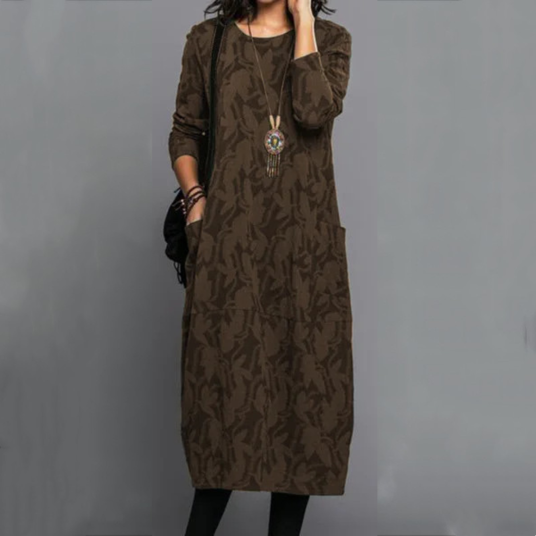 Robe femme midi droite à col rond et poches, motif feuillage discret
