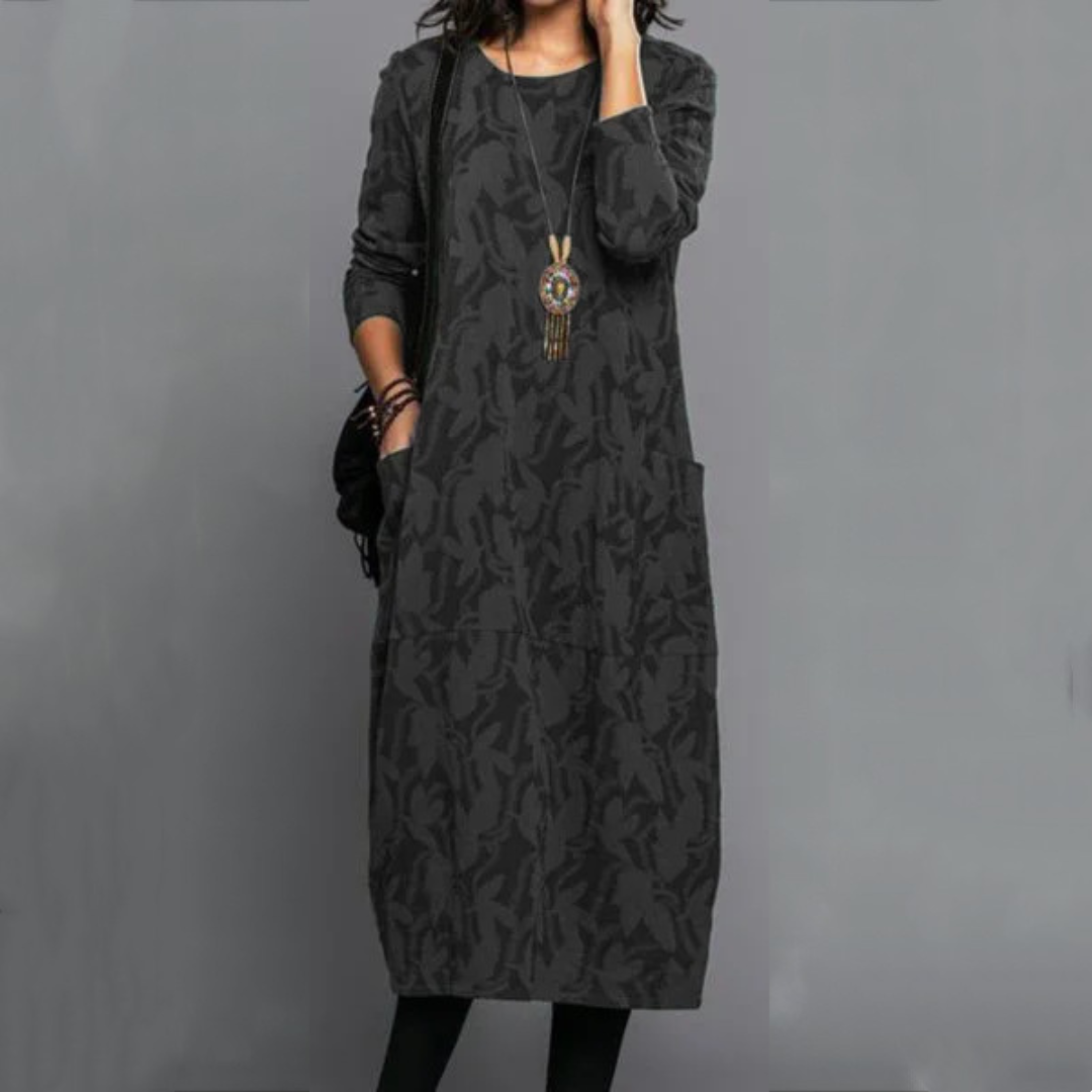 Robe femme midi droite à col rond et poches, motif feuillage discret