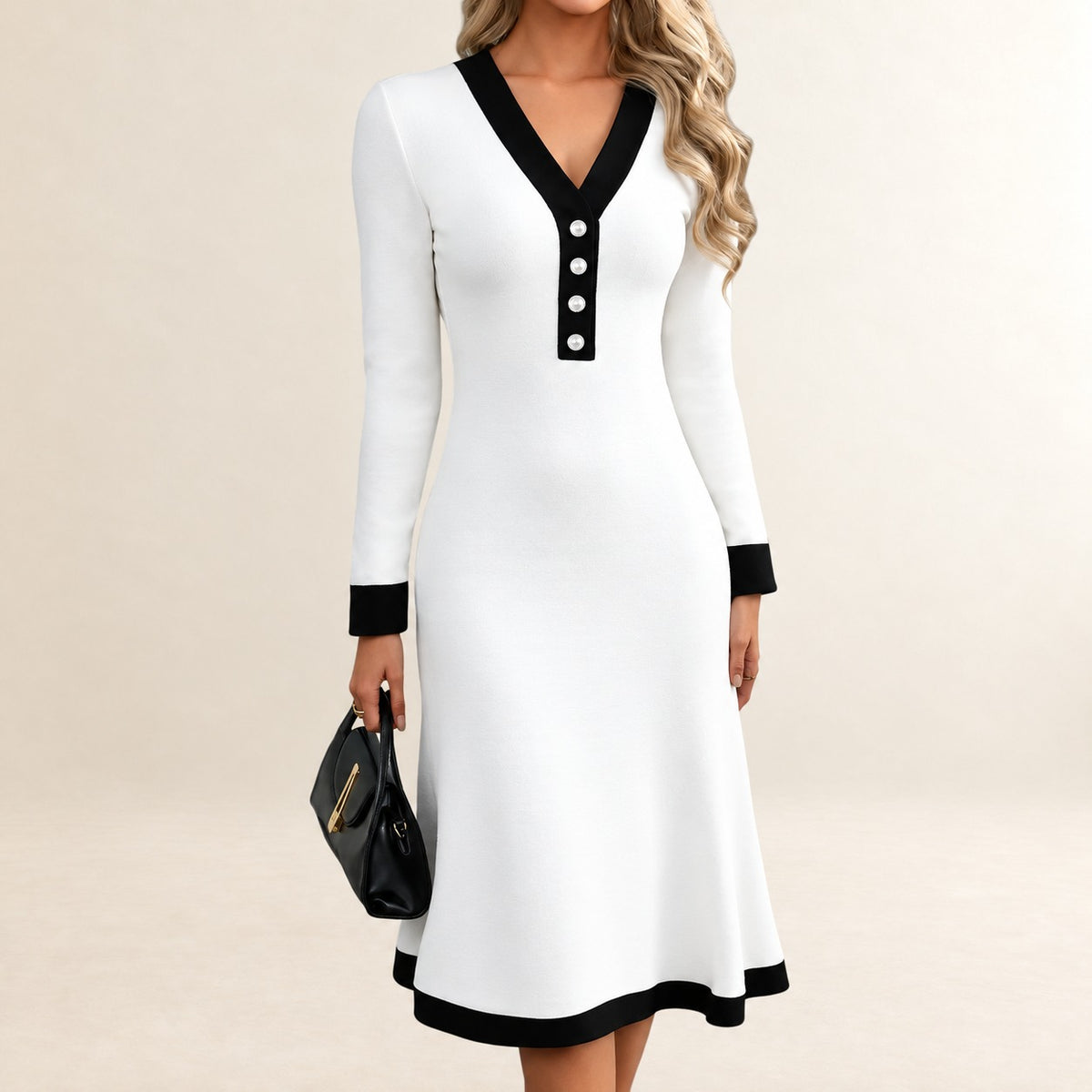 Robe femme Midi à encolure V plongeante et pliage boutonnage vertical