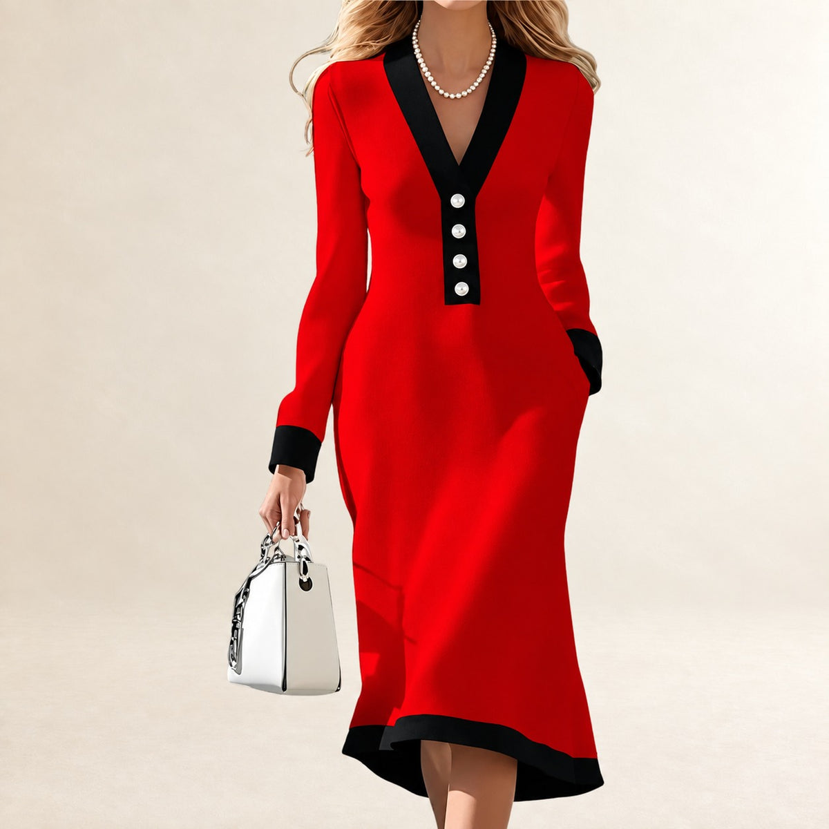 Robe femme Midi à encolure V plongeante et pliage boutonnage vertical