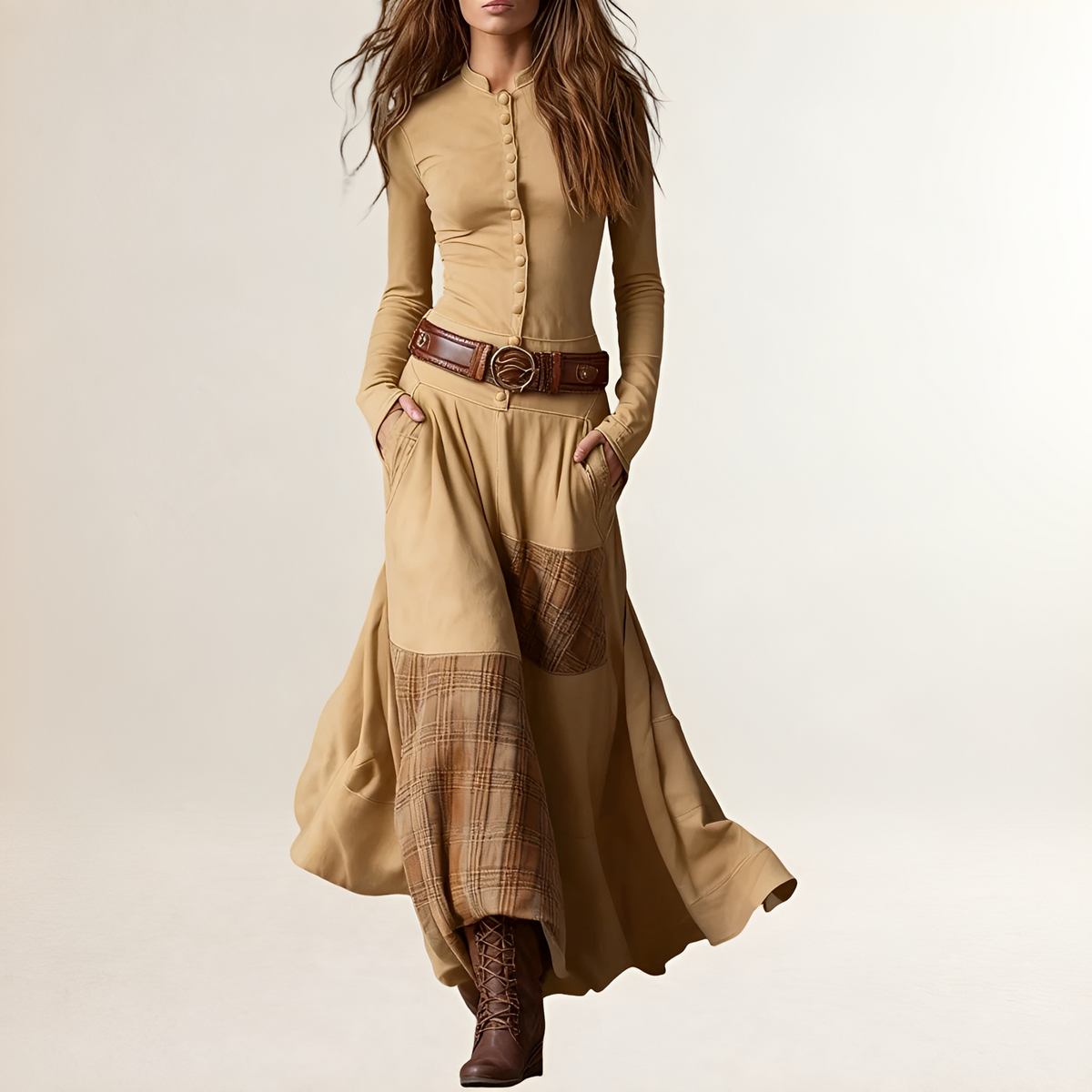 Robe longue femme à col droit et bouton-pression - haut ajusté et jupe plissée à panneaux